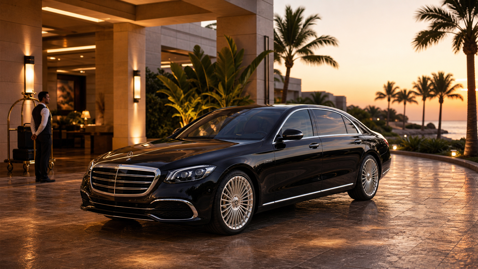 Luxury sedan in front of a premium coastal resort